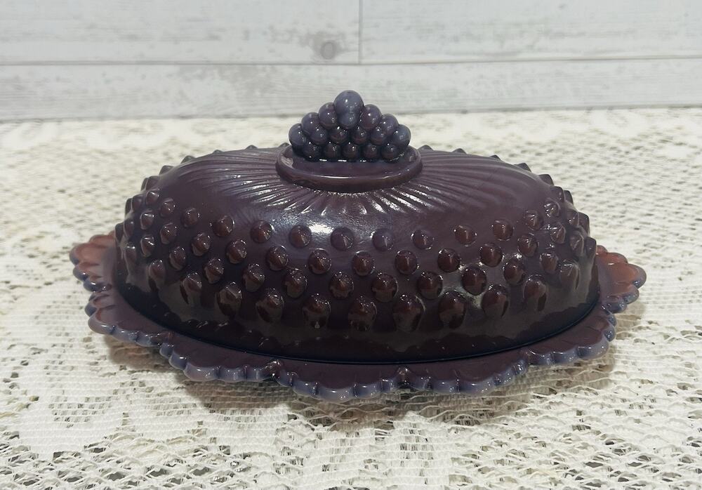 Vintage MOSSER Glass Gigi Purple Hobnail 1/4 Pound Oval Covered Butter Dish, 8”